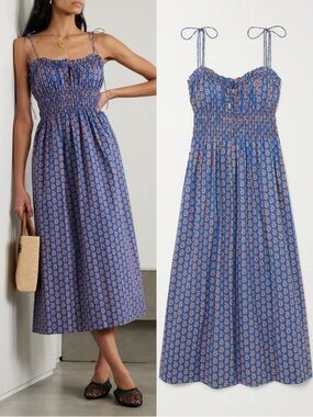 Doen Rhoda Midi Dress Blue Paisley Organic Cotton Shirred Strappy Size L NWT